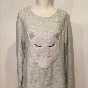 Fuzzy gray kitten appliqué sweater